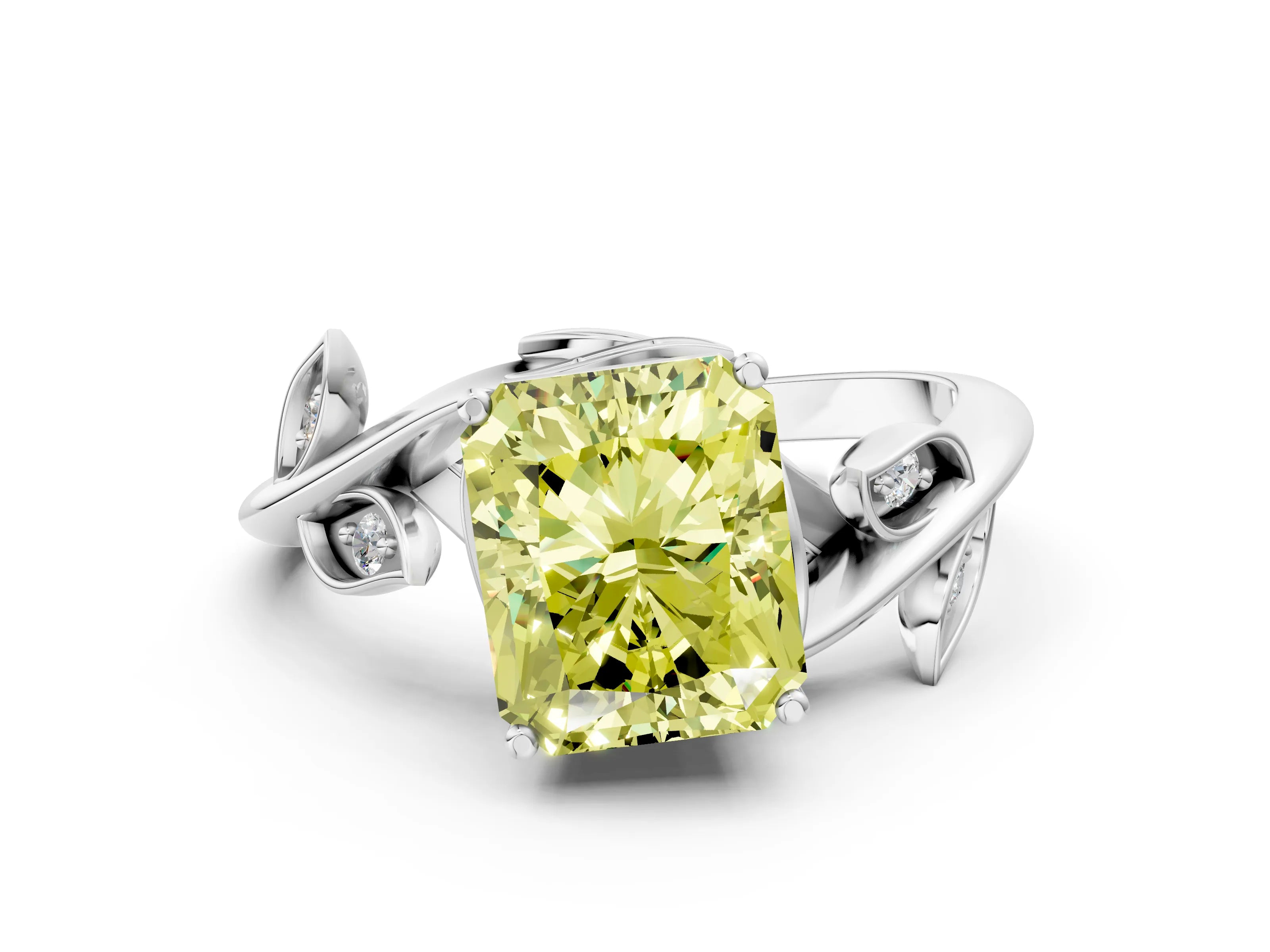 White gold Fancy Yellow Radiant Cut Solitaire Twist Engagement Ring with Leaf Accents and Prong Setting