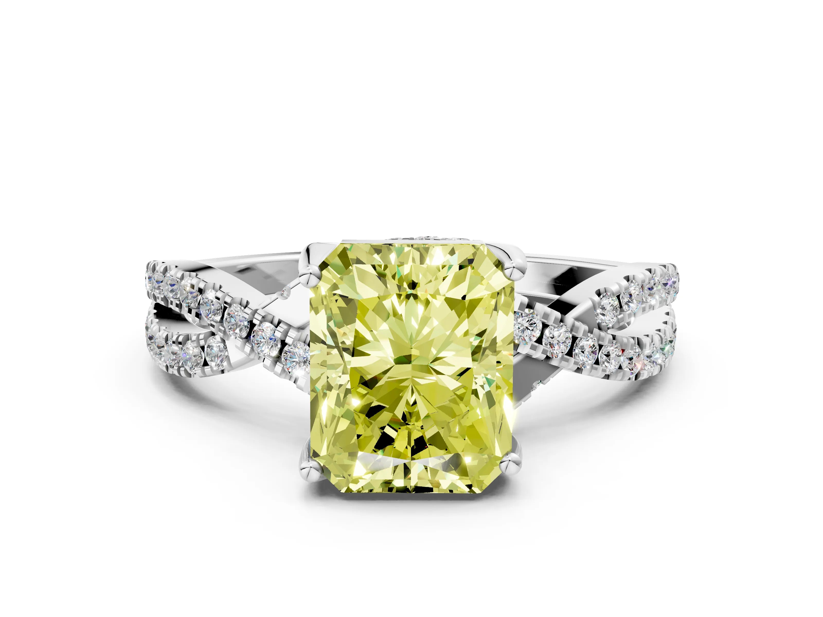 White gold Fancy Yellow Radiant Cut Solitaire Twist Pave Diamond Engagement Ring with Prong Setting