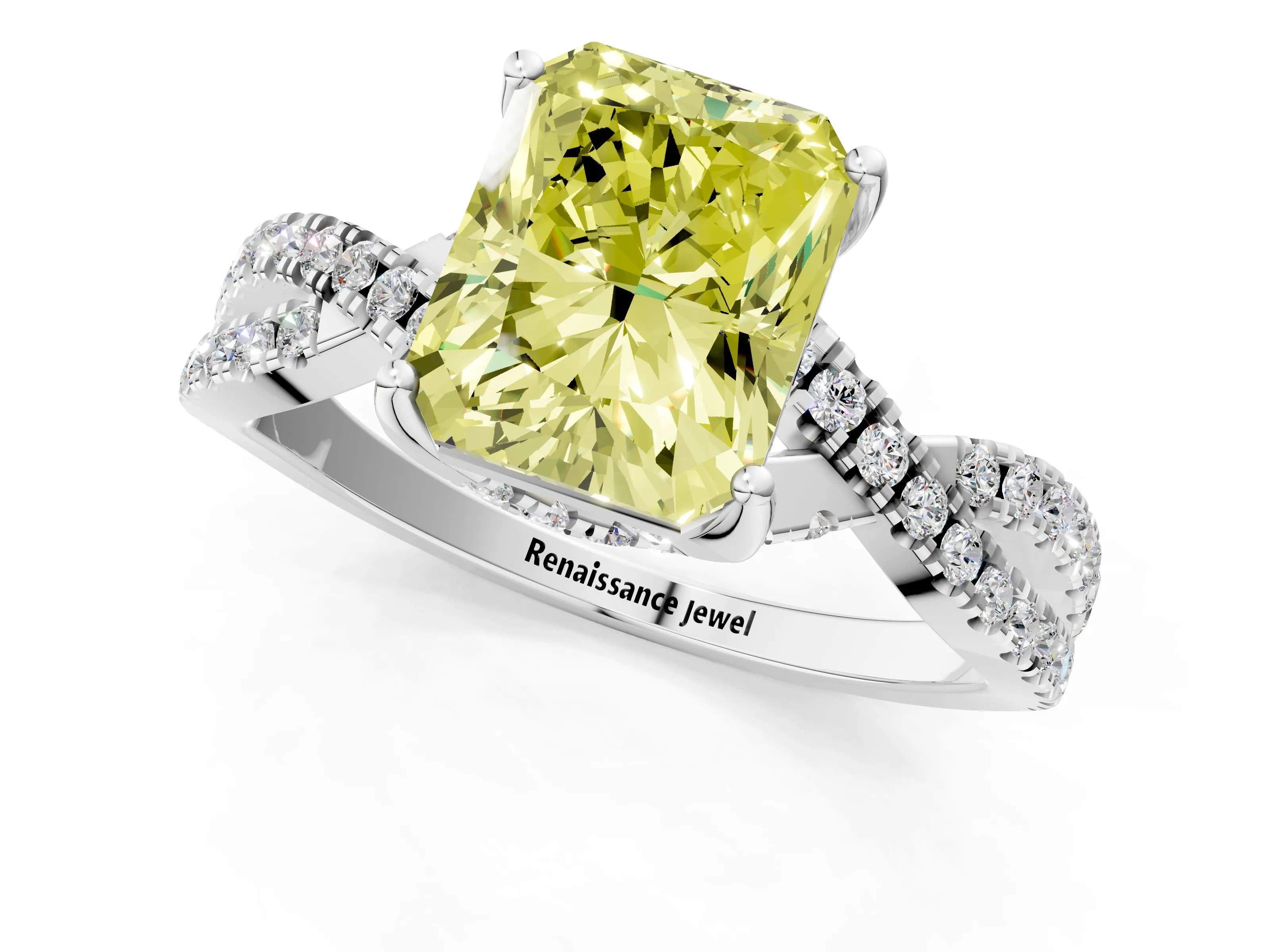 White gold Fancy Yellow Radiant Cut Solitaire Twist Pave Diamond Engagement Ring with Prong Setting_13
