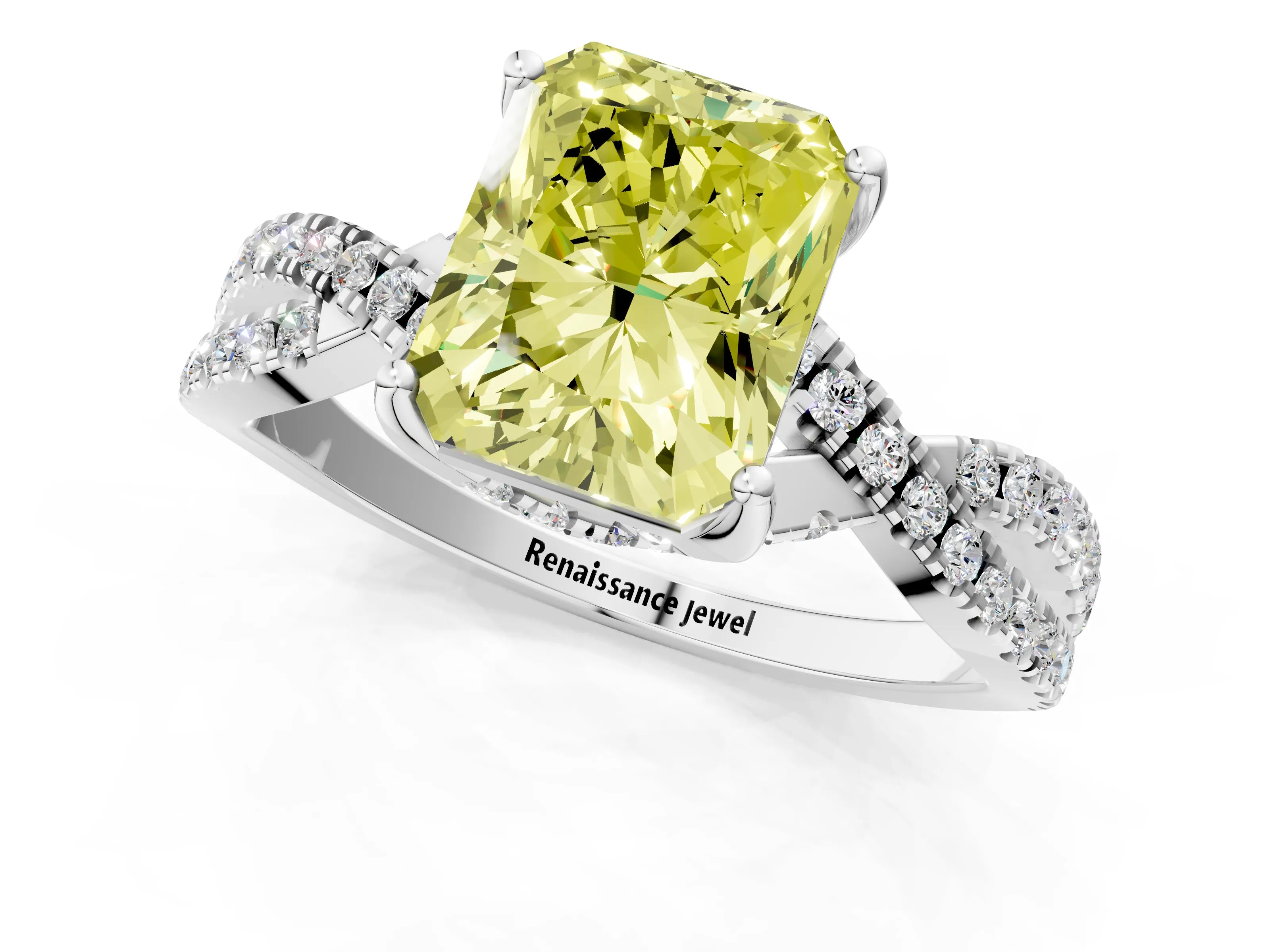 White gold Fancy Yellow Radiant Cut Solitaire Twist Pave Diamond Engagement Ring with Prong Setting_1