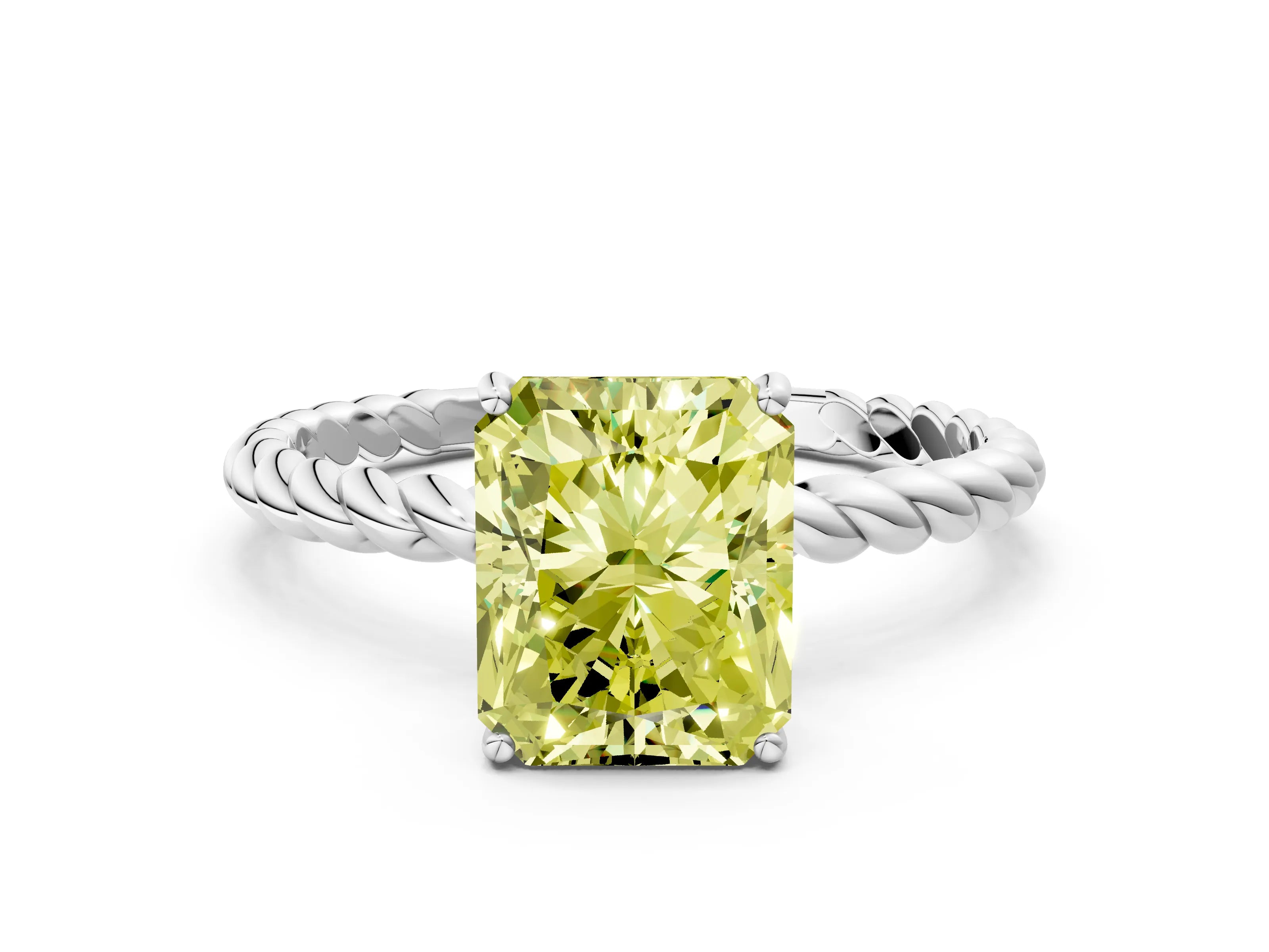 White gold Fancy Yellow Radiant Cut Solitaire Twisted Band 4-Prong Ring_48