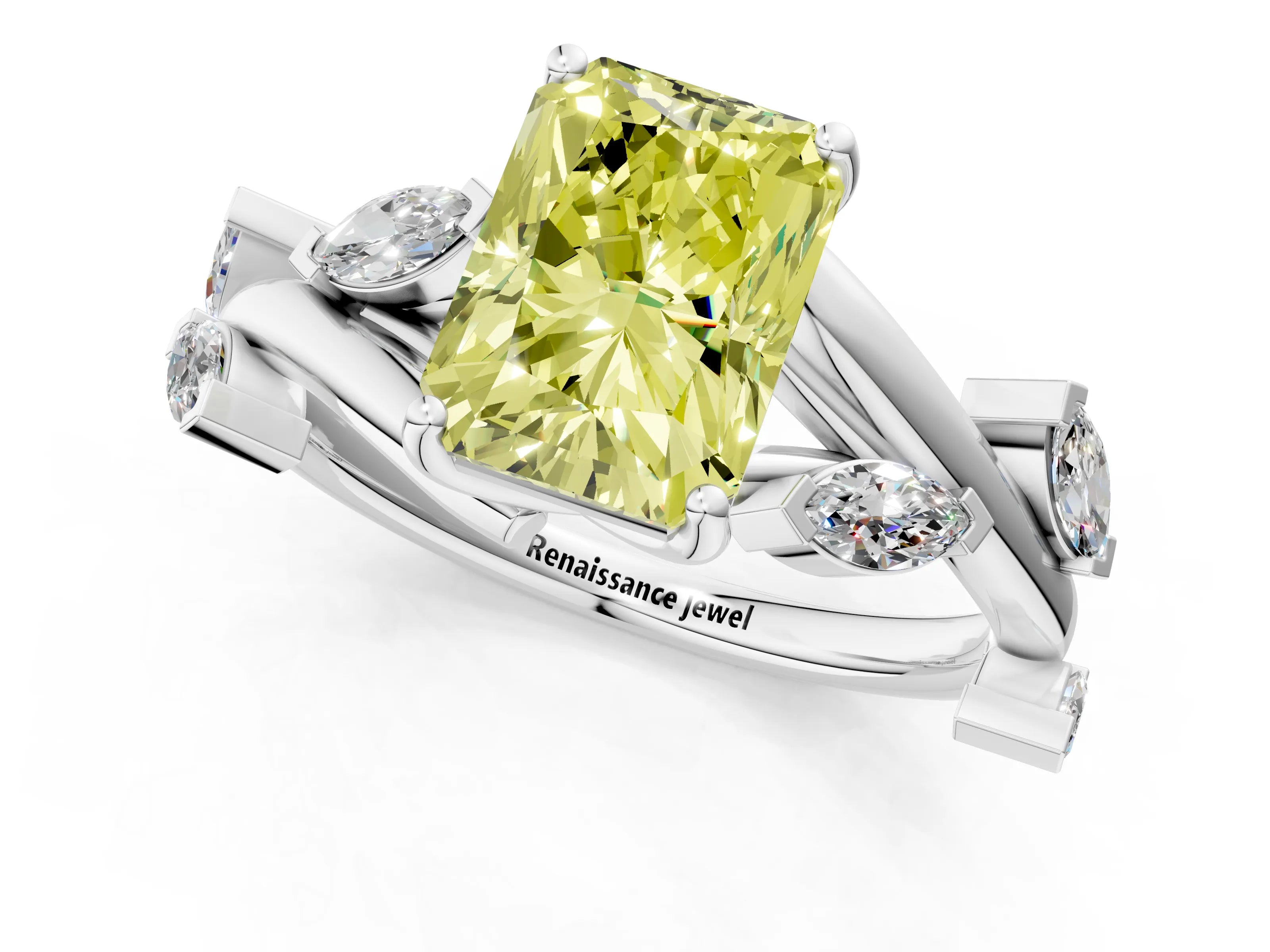 White gold Fancy Yellow Radiant Cut Solitaire Twisted Band Marquise Accent Prong Setting Ring_1