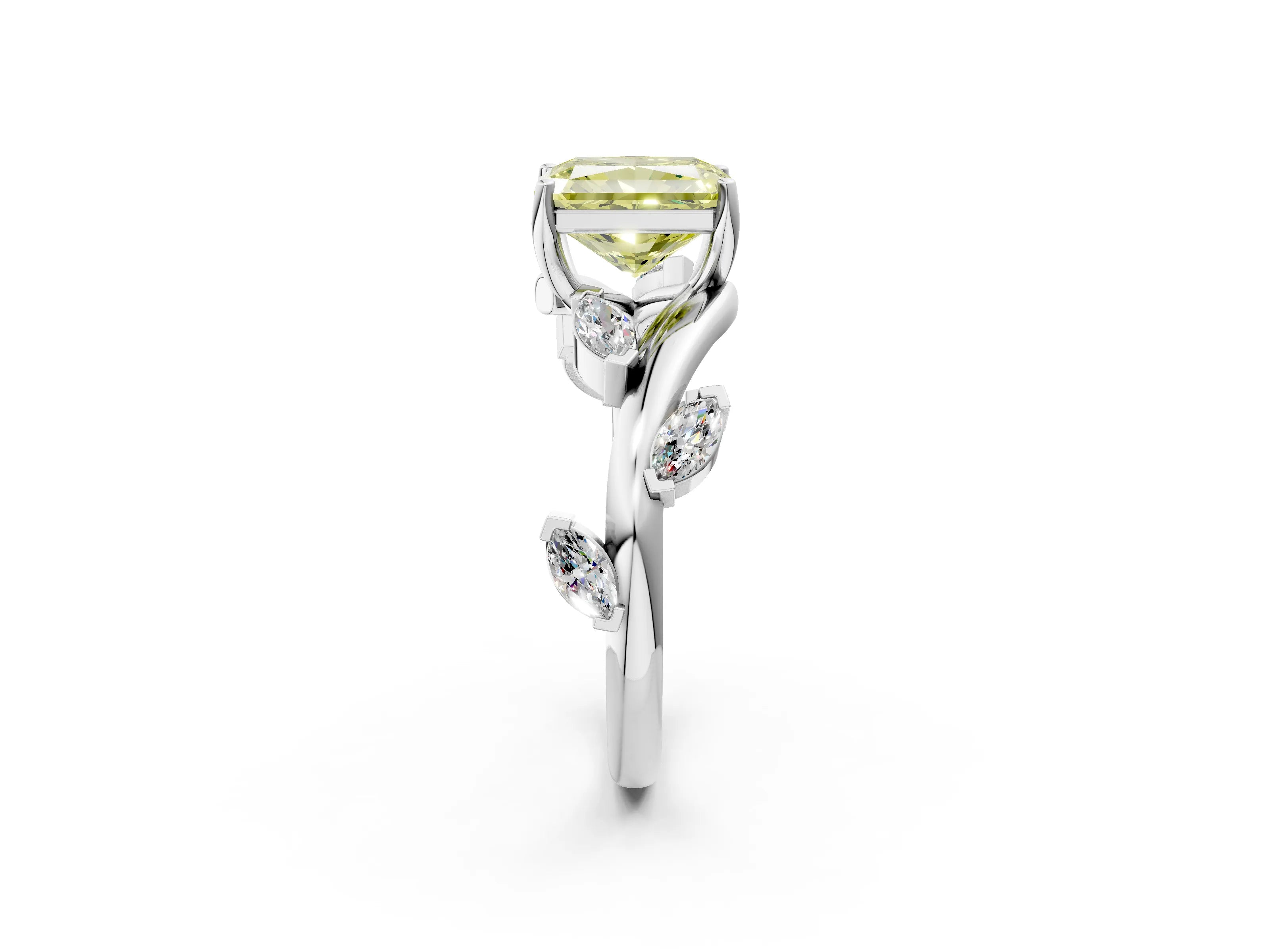 White gold Fancy Yellow Radiant Cut Solitaire Twisted Band Marquise Accent Prong Setting Ring_2