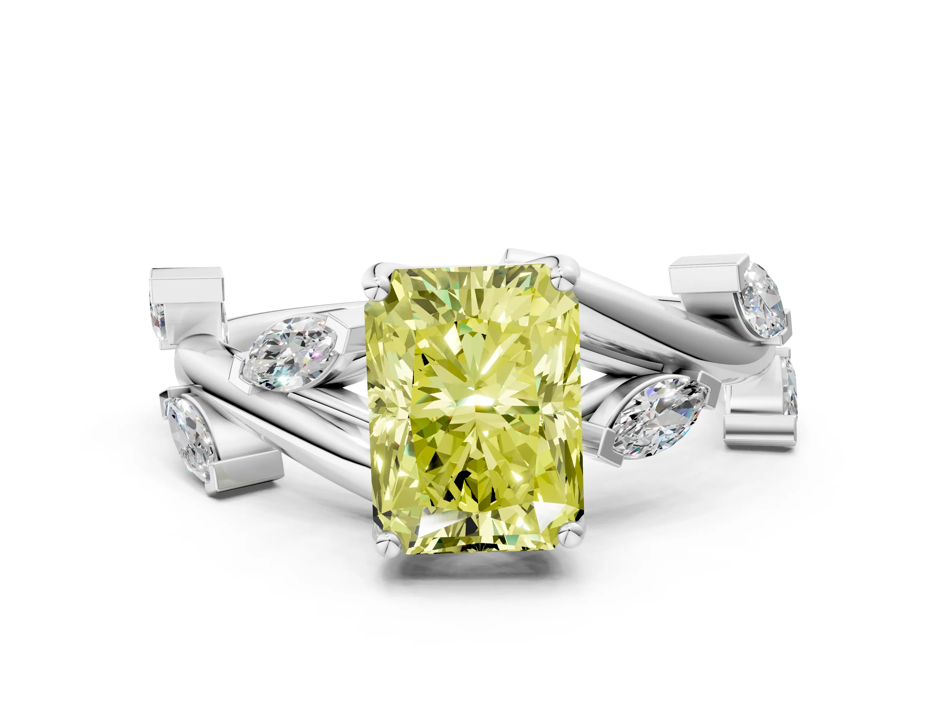 White gold Fancy Yellow Radiant Cut Solitaire Twisted Band Marquise Accent Prong Setting Ring