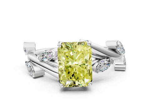 White gold Fancy Yellow Radiant Cut Solitaire Twisted Band Marquise Accent Prong Setting Ring