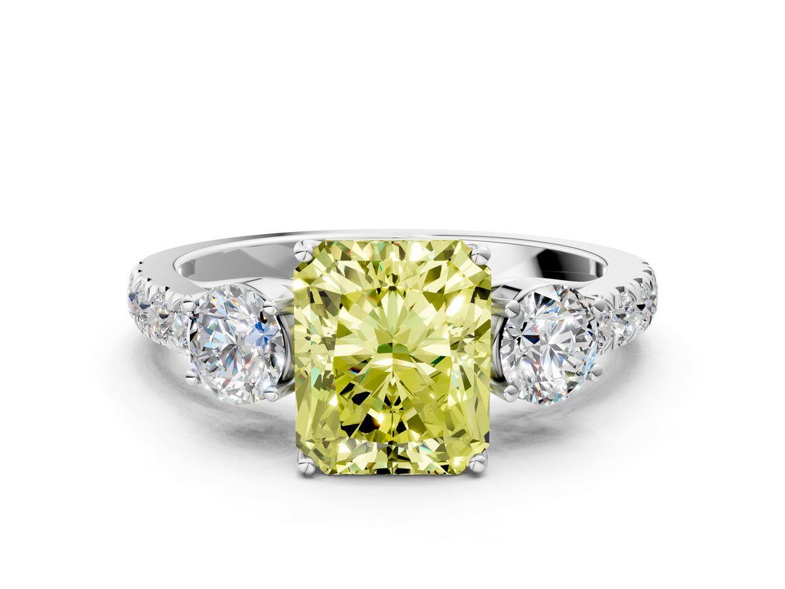 White gold Fancy Yellow Radiant  Cut Three-Stone Diamond Pave Band with Prong Setting_37