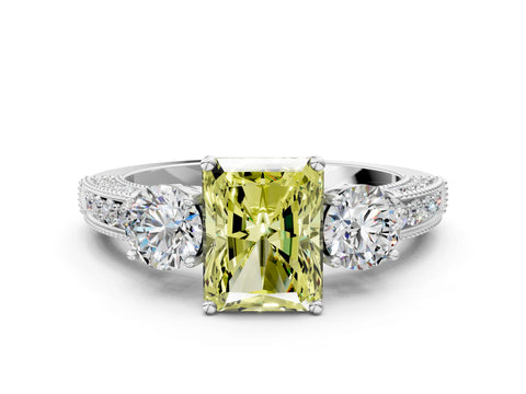White gold Fancy Yellow Radiant Cut Three-Stone Diamond Ring with Pavé Band and Four-Prong Setting_12