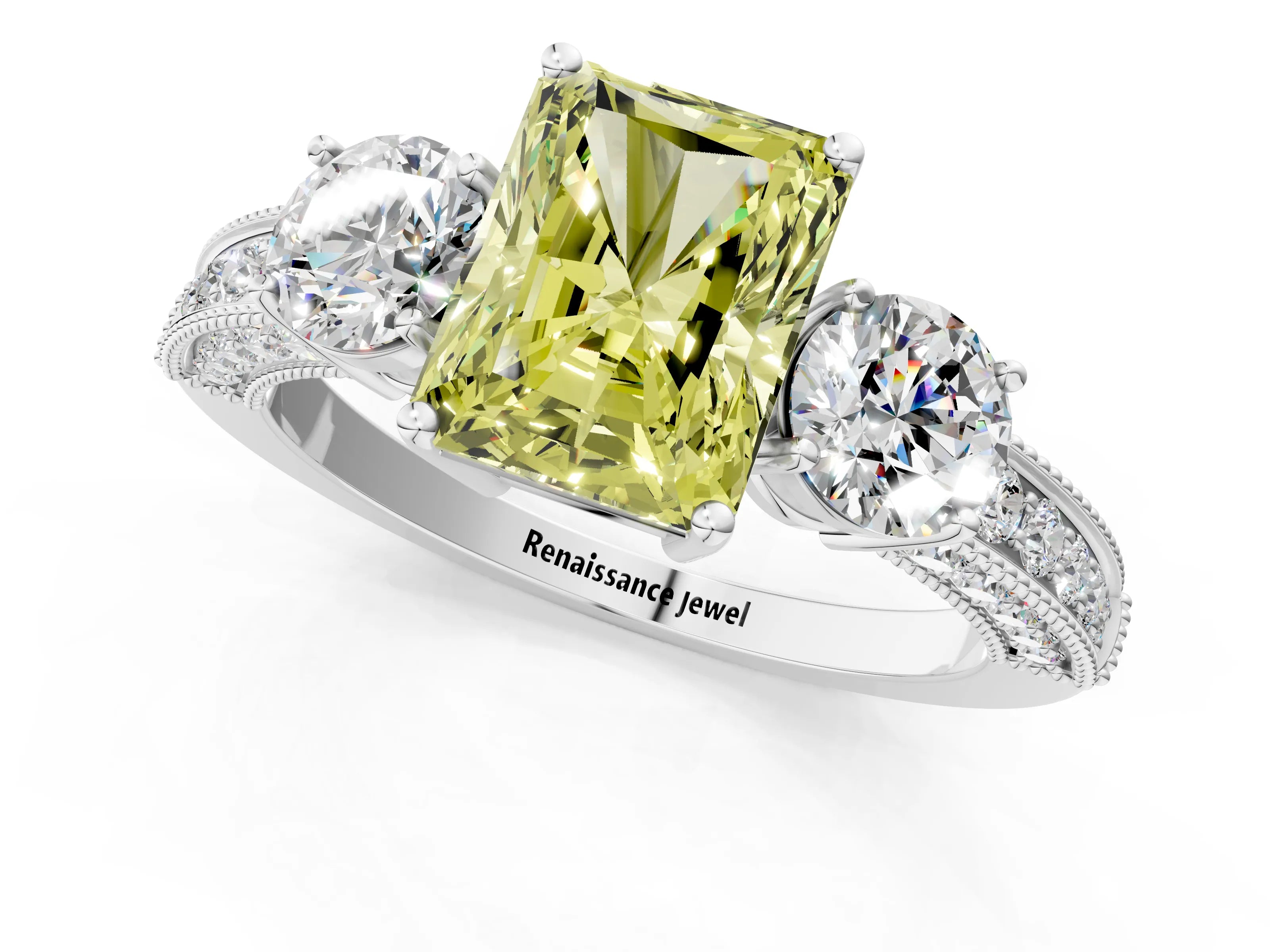White gold Fancy Yellow Radiant Cut Three-Stone Diamond Ring with Pavé Band and Four-Prong Setting_13