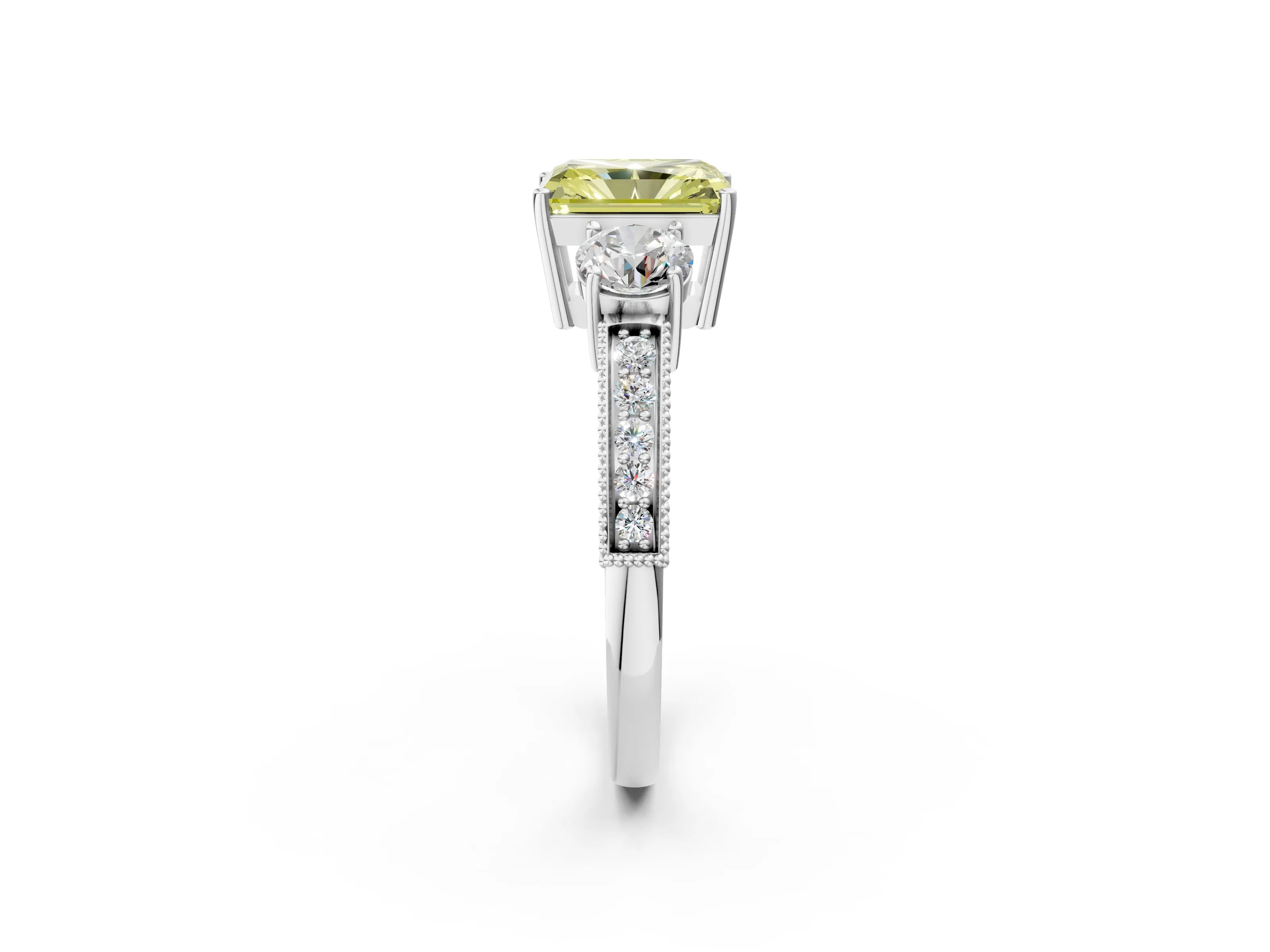 White gold Fancy Yellow Radiant Cut Three-Stone Diamond Ring with Pavé Band and Four-Prong Setting_14
