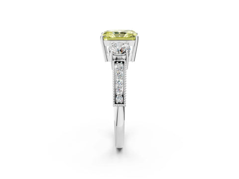 White gold Fancy Yellow Radiant Cut Three-Stone Diamond Ring with Pavé Band and Four-Prong Setting_14
