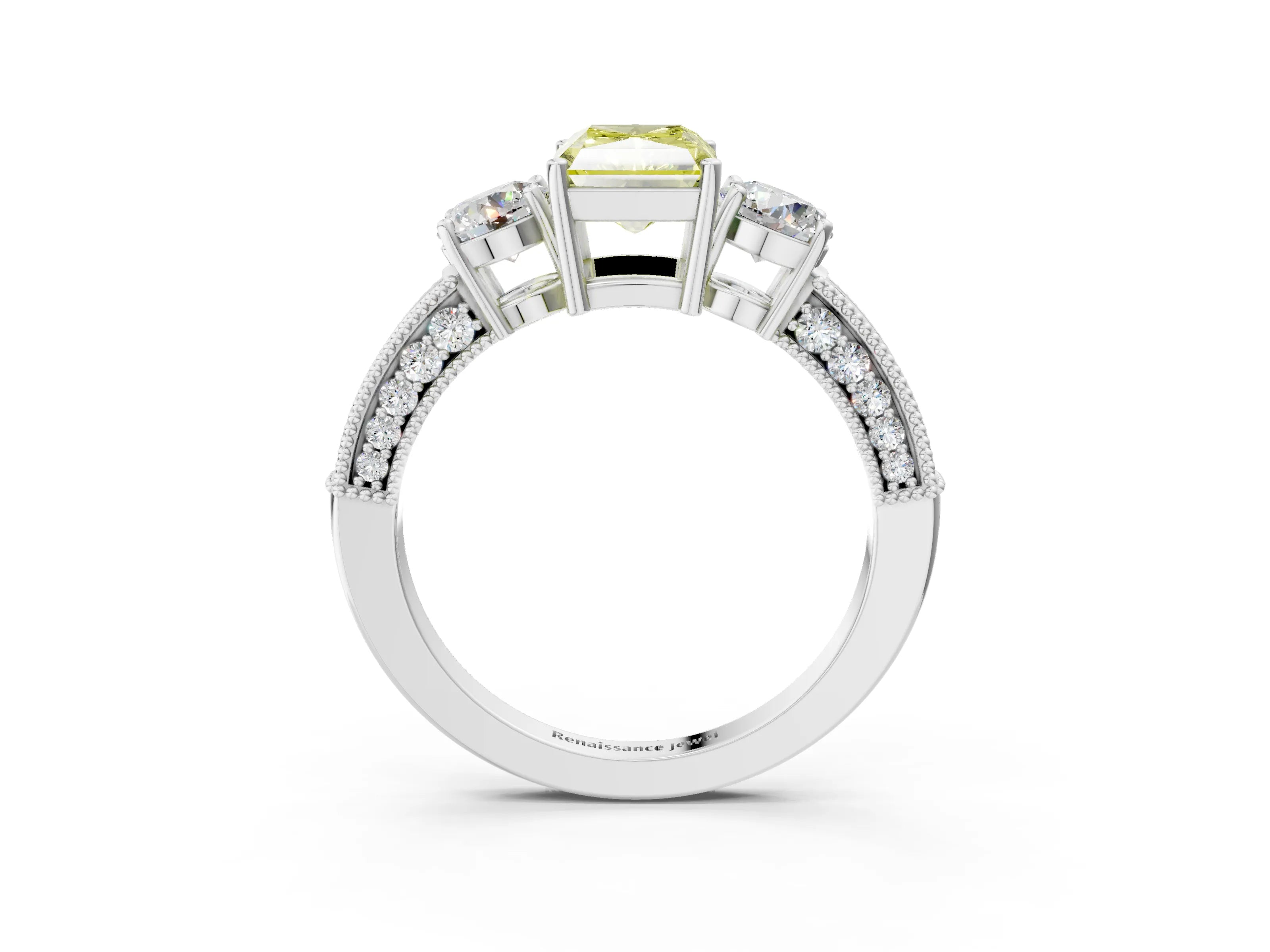 White gold Fancy Yellow Radiant Cut Three-Stone Diamond Ring with Pavé Band and Four-Prong Setting_15