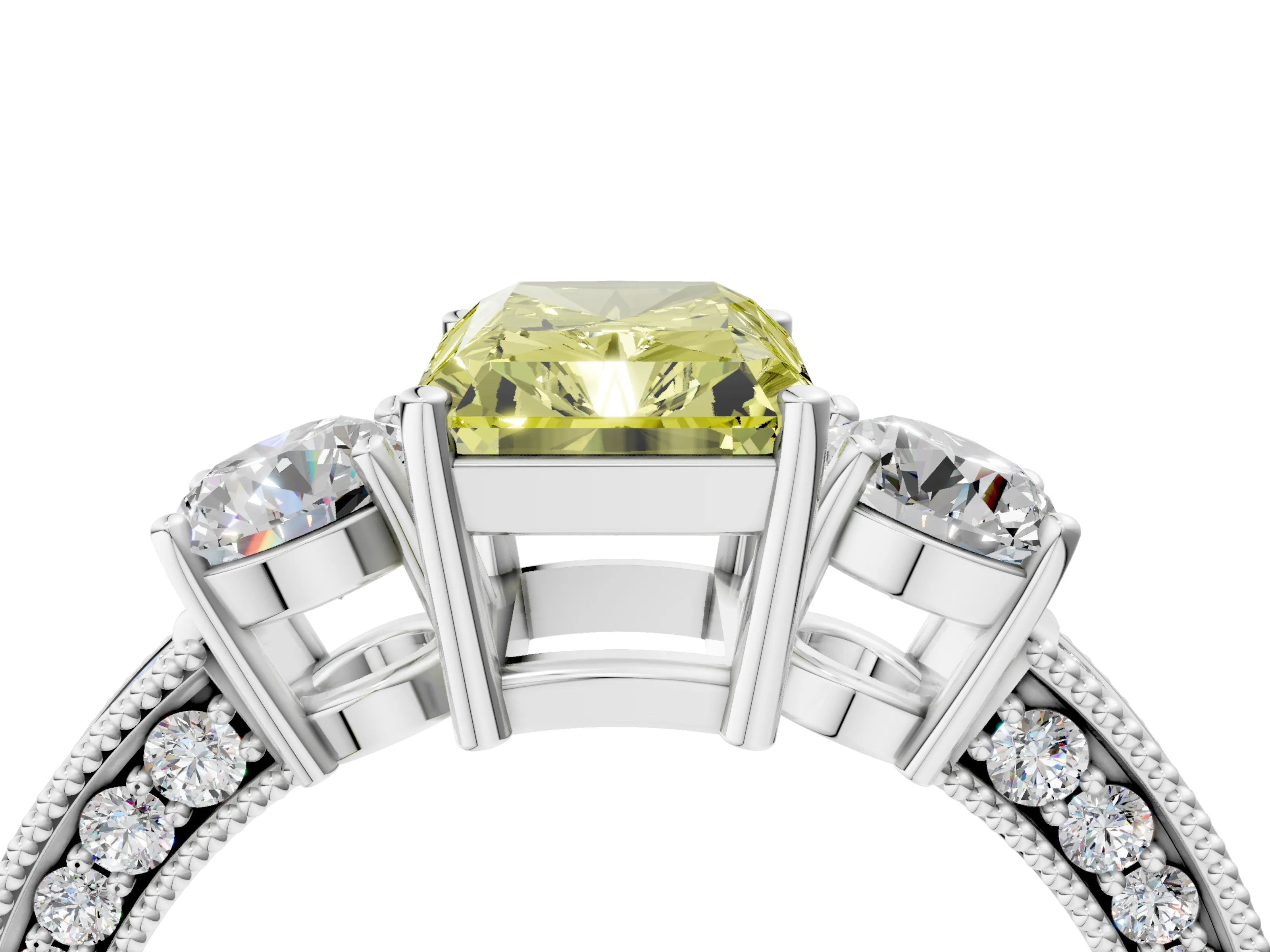 White gold Fancy Yellow Radiant Cut Three-Stone Diamond Ring with Pavé Band and Four-Prong Setting_16