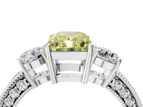 White gold Fancy Yellow Radiant Cut Three-Stone Diamond Ring with Pavé Band and Four-Prong Setting_16