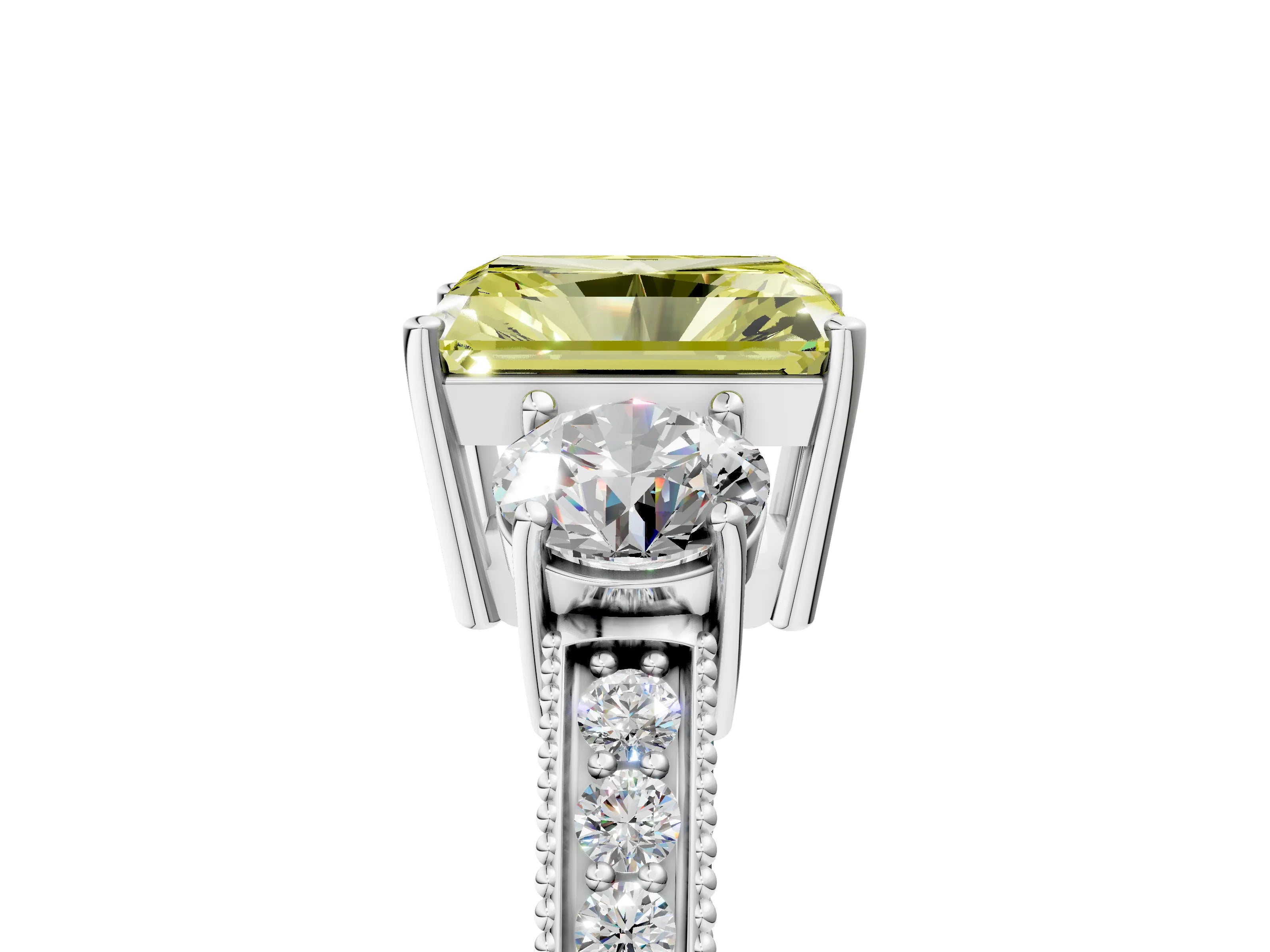 White gold Fancy Yellow Radiant Cut Three-Stone Diamond Ring with Pavé Band and Four-Prong Setting_17