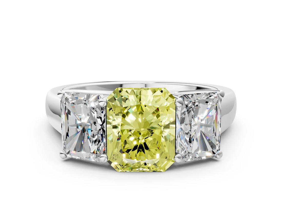 White gold Fancy Yellow Radiant Cut Three-Stone Diamond Ring with Prong Setting on a Classic Band_24
