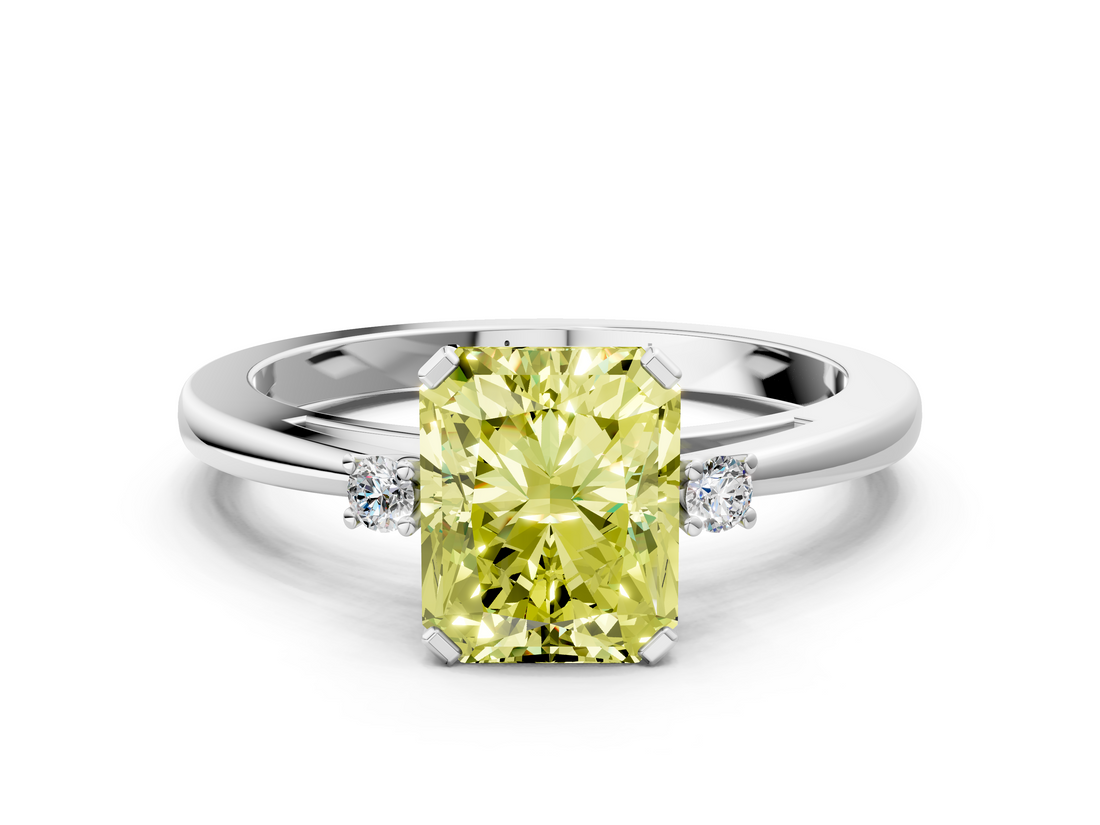White gold Fancy Yellow Radiant  Cut Three-Stone Solitaire Ring with Round Accent Diamonds and Four-Prong Setting_20