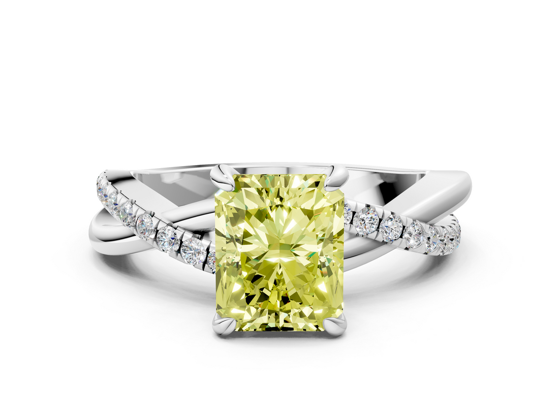 White gold Fancy Yellow Radiant  Cut Twist Band Solitaire Diamond Ring with Pavé Setting_3