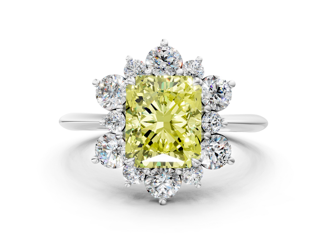 White gold Fancy Yellow Radiant  Diamond Cluster Halo Ring with Solitaire Band and Four-Prong Setting_19