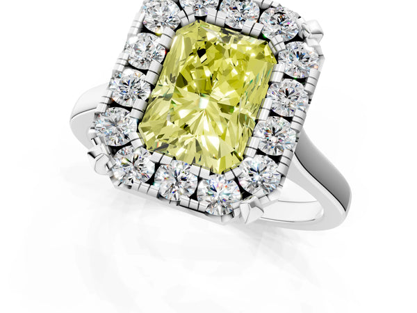 White gold Fancy Yellow Radiant  Diamond Cluster Halo Solitaire with Four-Prong Setting