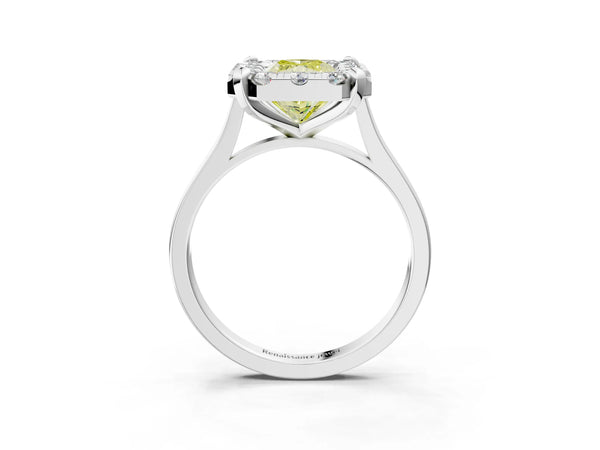 White gold Fancy Yellow Radiant  Diamond Cluster Halo Solitaire with Four-Prong Setting