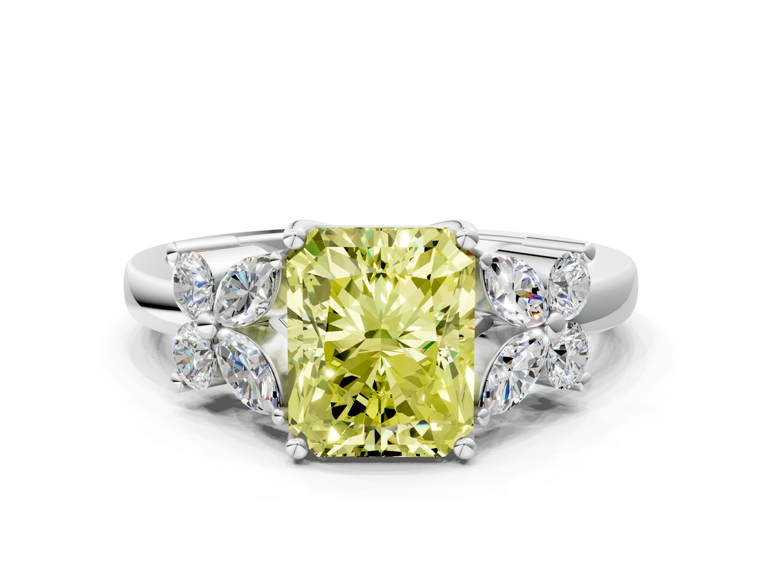 White gold Fancy Yellow Radiant  Diamond Floral Cluster Ring with Solitaire Band and Prong Setting_49
