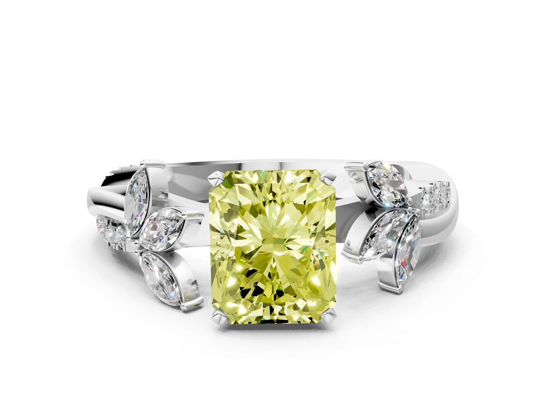White gold Fancy Yellow Radiant  Diamond Floral Vine Solitaire Engagement Ring_3