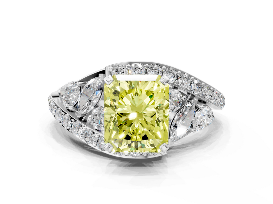 White gold Fancy Yellow Radiant  Diamond Halo Ring with Marquise and Pavé Band in Prong Setting_51