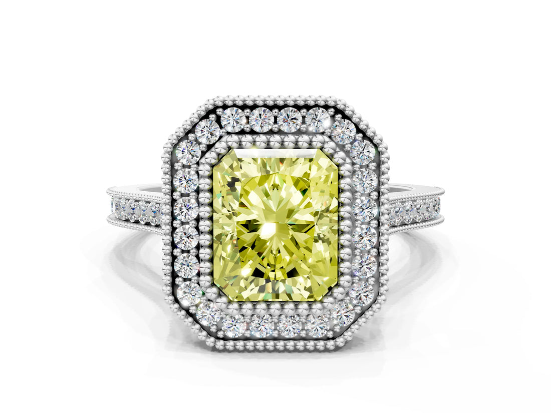 White gold Fancy Yellow Radiant  Diamond Halo Ring with Milgrain Frame and Pavé Band_72