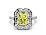 White gold Fancy Yellow Radiant  Diamond Halo Ring with Milgrain Frame and Pavé Band_72