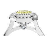 White gold Fancy Yellow Radiant  Diamond Halo Ring with Milgrain Frame and Pavé Band_76