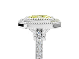 White gold Fancy Yellow Radiant  Diamond Halo Ring with Milgrain Frame and Pavé Band_77