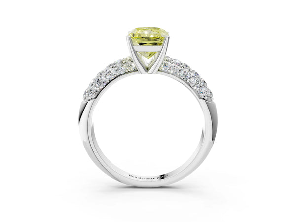 Platinum Fancy Yellow Radiant  Diamond Pavé Band Solitaire Ring with Four-Prong Setting