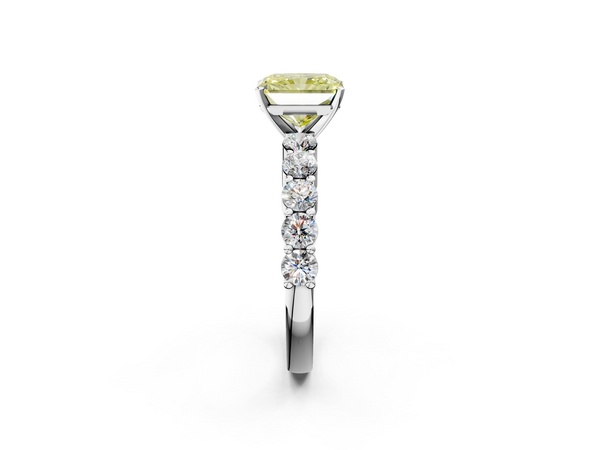 White gold Fancy Yellow Radiant  Diamond Solitaire Ring with Shared Prong Round Side Stones