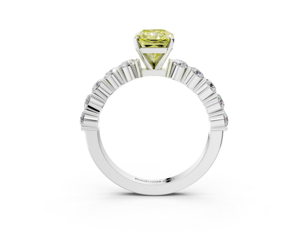 White gold Fancy Yellow Radiant  Diamond Solitaire Ring with Shared Prong Round Side Stones