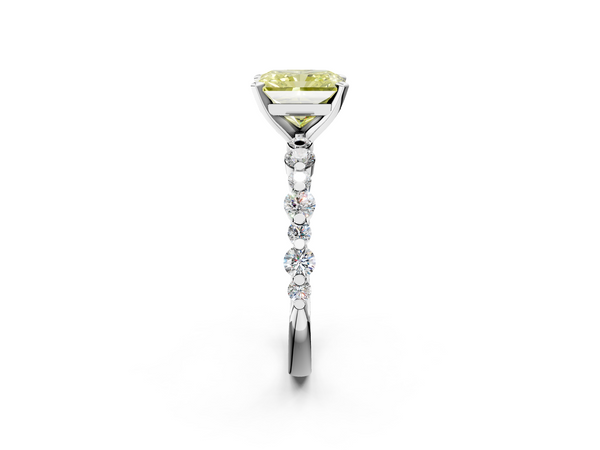 White gold Fancy Yellow Radiant Cut Diamond Prong Set Engagement Ring with Pavé Band