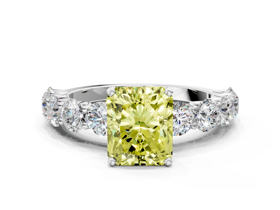 White gold Fancy Yellow Radiant  Diamond Prong Setting with Side Stones on a Pave Band_129