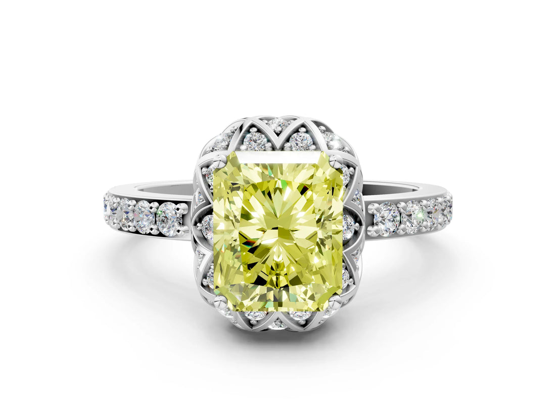 White gold Fancy Yellow Radiant  Diamond Solitaire Ring with Shared Prong Pavé Band_12