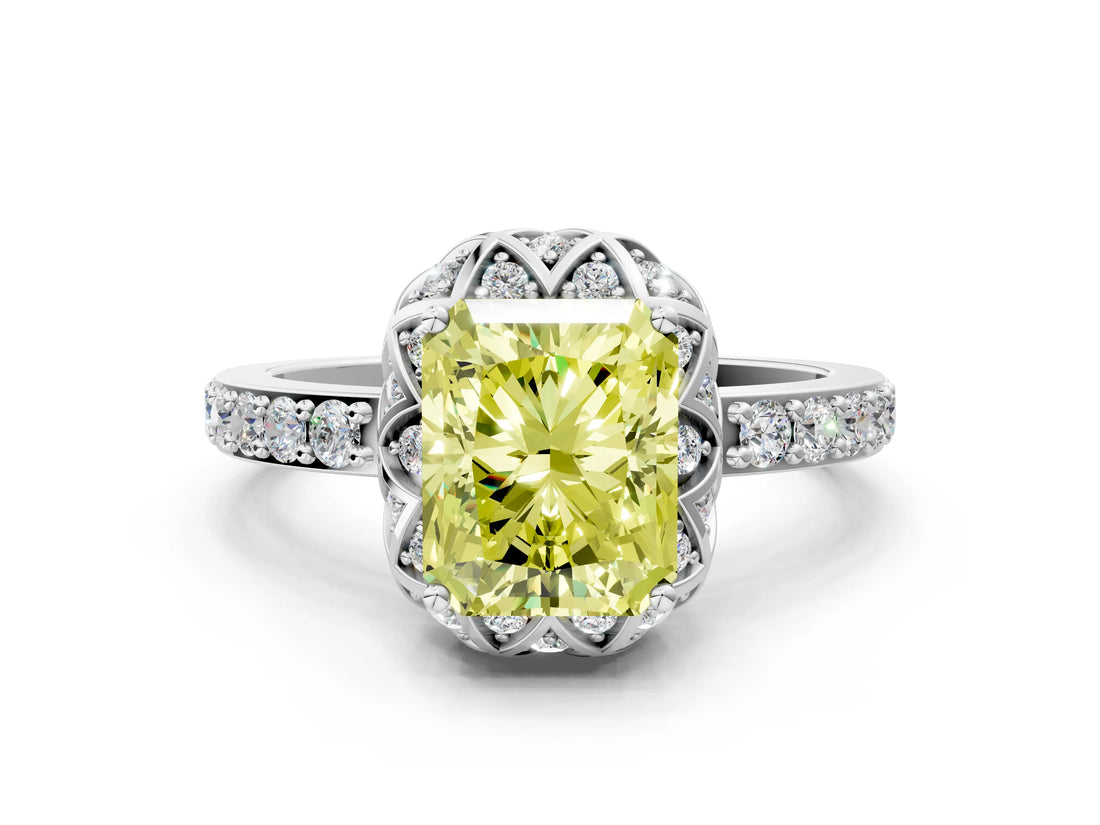 White gold Fancy Yellow Radiant  Diamond Solitaire Ring with Shared Prong Pavé Band_84