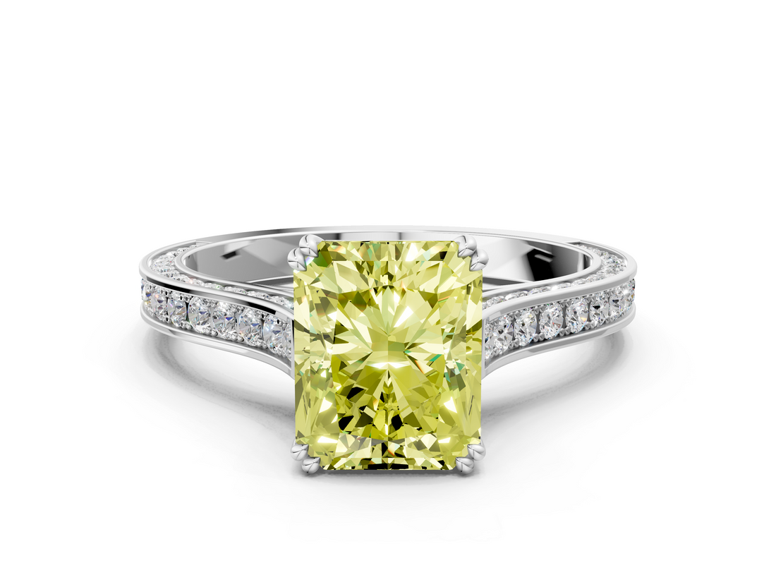 White gold Fancy Yellow Radiant  Diamond Solitaire with Pave Band and Six-Prong Setting_20