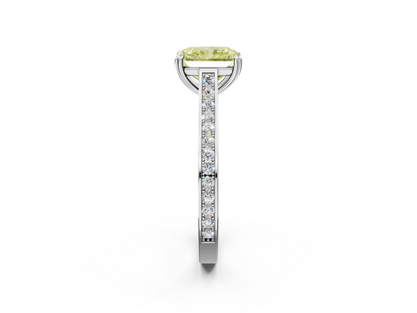 Platinum Fancy Yellow Radiant  Diamond Solitaire with Pave Band and Six-Prong Setting