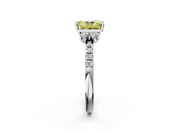 Platinum Fancy Yellow Radiant  Diamond Three-Stone Pave Band with Four-Prong Setting