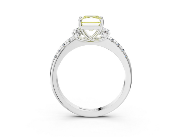 Platinum Fancy Yellow Radiant  Diamond Three-Stone Pave Band with Four-Prong Setting