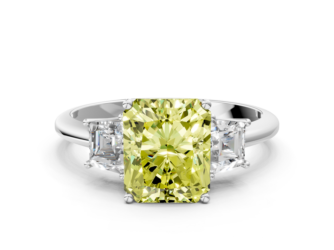 White gold Fancy Yellow Radiant  Diamond Three-Stone Ring with Trapezoid Side Stones and Prong Setting_17