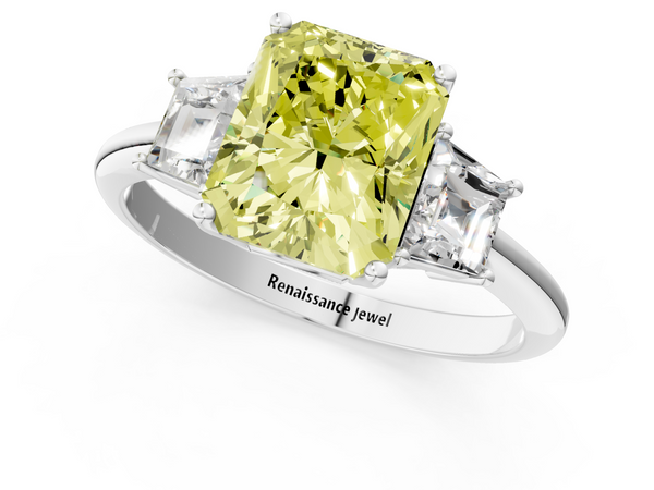 White gold Fancy Yellow Radiant  Diamond Three-Stone Ring with Trapezoid Side Stones and Prong Setting