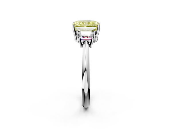 White gold Fancy Yellow Radiant  Diamond Three-Stone Ring with Trapezoid Side Stones and Prong Setting