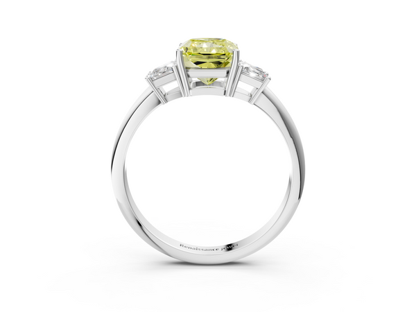 White gold Fancy Yellow Radiant  Diamond Three-Stone Ring with Trapezoid Side Stones and Prong Setting