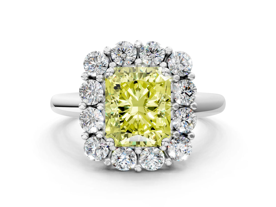 White gold Fancy Yellow Radiant  Halo Cluster Diamond Engagement Ring with Prong Setting and Polished Band_20