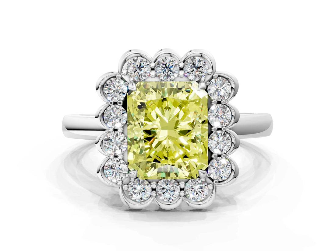 White gold Fancy Yellow Radiant  Halo Cluster Diamond Engagement Ring with Solitaire Band and Prong Setting_49