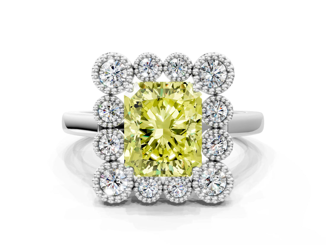 White gold Fancy Yellow Radiant  Halo Diamond Cluster Engagement Ring with Milgrain Bezel Setting and Solitaire Band_25