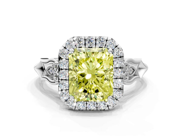 Platinum Fancy Yellow Radiant  Halo Diamond Engagement Ring with Filigree Band and Four-Prong Setting